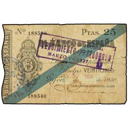 25 Pesetas. - 5 Noviembre 1936. - BANCO DE ESPAÑA. GIJÓN. - (Rotura. Sucio). Ed-C33. BC. - -