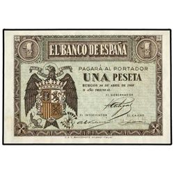 1 Peseta. - 30 Abril 1938. - Serie F. (Ténue manchita en anverso). Ed-D29a. SC. -