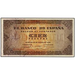 100 Pesetas. - 20 Mayo 1938. - Casa del Cordón. Serie A. (Pequeñas dobleces). Ed-D33. MBC+. - -