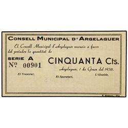 50 Cèntims. - 1 Gener 1938. - C.M. d´ARGELAGUER. - Sin firmas. RARO. AT-196b; T-251. SC-. - -