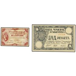 Lote 2 billetes 25 Cèntims i 1 Pesseta. - 30 setembre 1937. - C.M. d´ARGENTONA. - AT-205/06; T-260/6