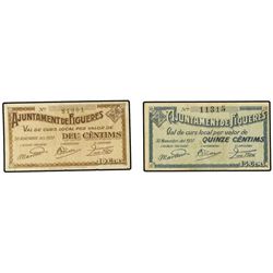 Lote de 2 billetes de 10 i 15 Cèntims. - Ay. de FIGUERAS. - AT-1008/09; T-1283/84. MBC+/EBC. - -