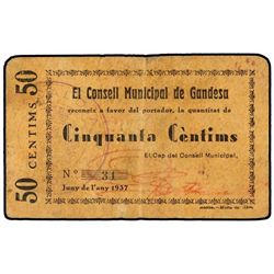 50 Cèntims. - Juny 1937. - C.M. de GANDESA. - AT-1082; T-1253. MBC-. - -