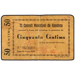 50 Cèntims. - Juny 1937. - C.M. de GANDESA. - AT-1082; T-1253. MBC-. - -