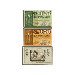 Lote 3 billetes 25, 50 Cèntims y 1 Pesseta. - Abril y Juny 1937. - Aj. de GIRONA. - AT-1121/23; T-12