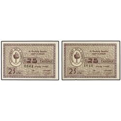 Lote 2 billetes 25 Cèntims. - 7 d´Agost 1937. - Aj. dels GUIAMETS. - Correlativos. (Uno, leve doblez