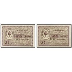 Lote 2 billetes 25 Cèntims. - 7 d´Agost 1937. - Aj. dels GUIAMETS. - Correlativos. (Uno, leve doblez