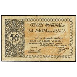 50 Cèntims. - Maig 1937. - C.M. de LA RAPITA DELS ALFACS. - (Algo sucio. Leve rotura). AT-2060b.;T-2