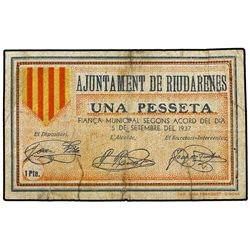 1 Pesseta. - 5 Setembre 1937. - Aj. de RIUDARENES. - (Roturas restauradas). RARO. AT-2145; T-2482. M