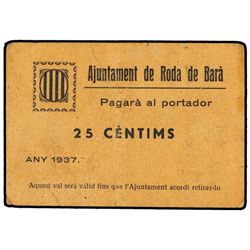 25 Cèntims. - S/F. - Aj. de RODA DE BARÀ. - Cartulina. MUY ESCASO. AT-2187a;T-2526a. MBC. - -