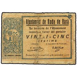 25 Cèntims. - 4 Novembre 1937. - Aj. de RODA DE BARÀ. - Turró no cataloga esta variedad. Pie de impr