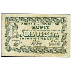 1 Pesseta. - 6 Juny 1937. - C.M. de RUPIT. - ESCASO. AT-2230; T-2231. MBC. - -