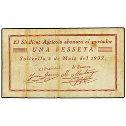 1 Pesseta. - 2 Maig 1937. - SINDICAT AGRÍCOLA SOLIVELLA. - (Algo sucio). MBC. - -