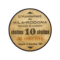 10 Cèntims. - - 15 Novembre 1937. - - Aj. de VILA-RODONA. - - Cartón disco. (Sucio). ESCASO. AT-2875