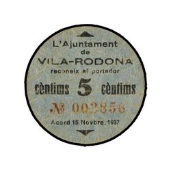 5 Cèntims. - 15 Novembre 1937. - Aj. de VILA-RODONA. - Cartón disco. ESCASO. AT-2876; T-3322. MBC. -