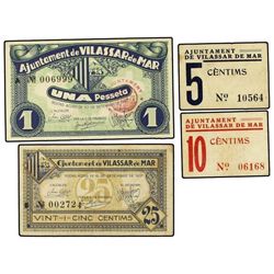 Lote 4 billetes 5, 10, 25 Cèntims y 1 Pesseta. - Setembre 1937. - Aj. de VILASSAR DE MAR. - AT-2889/