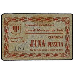 1 Pesseta. - - C.M. de XERTA. - - Cartón. RARO. AT-2919; T-3382. MBC+. - -