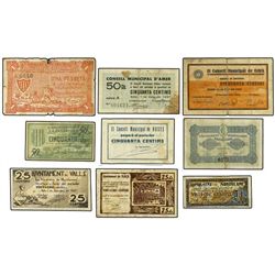 Lote 9 billetes 25 (4) y 50 (4) Cèntims y 1 Pesseta. - 1937. - AMER, BELLAGUARDA, CELRÀ, FATARELLA,