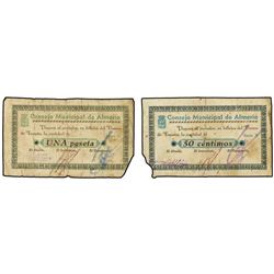 Lote 2 billetes 50 Céntimos y 1 Peseta. - C.M. de ALMERÍA. - (Sucios, pequeñas pérdidas de papel). M