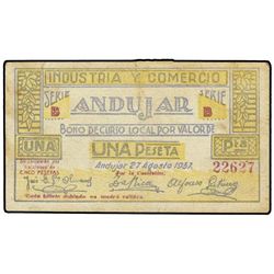 1 Peseta. - 27 agosto 1937. - ANDÚJAR (Jaén). - Cartón. Mont. 168D. MBC. - -