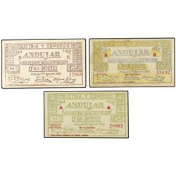 Lote 3 billetes 25, 50 Céntimos y 1 Peseta. - 27 agosto 1937. - ANDÚJAR (Jaén). - Cartón. (El de 1 p