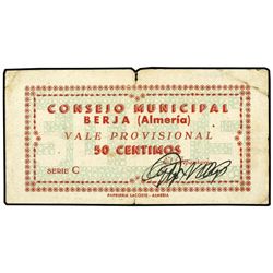 50 Céntimos. - S/F. - C.M. de BERJA  (Almería). - (Roturas en pliegue central). Mont-326B. (MBC). -