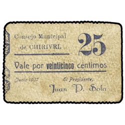 25 Céntimos. - Junio 1937. - C.M. de CHIRIVEL (ALMERIA). - Cartulina. (Algo sucio). Mont-580B. EBC-.