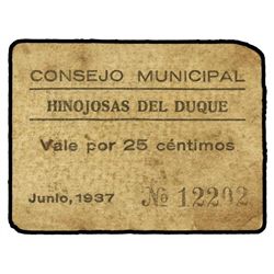 25 Céntimos. - Junio 1937 -. C.M. de HINOJOSA DEL DUQUE (Córdoba). - (Sucio). ESCASO. Mont. 761A. MB