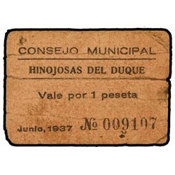 1 Peseta. - Junio 1937. - C.M. de HINOJOSA DEL DUQUE (Córdoba). - Cartón. (Sucio, rotura). RARO. Mon