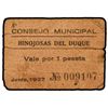 Image 1 : 1 Peseta. - Junio 1937. - C.M. de HINOJOSA DEL DUQUE (Córdoba). - Cartón. (Sucio, rotura). RARO. Mon