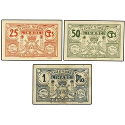 Lote 3 billetes 25 y 50 Céntimos y 1 Peseta. - C.M. de LINARES (Jaén). - Mont-824A/C. MBC/EBC. - -