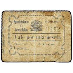 1 Peseta. - Marzo 1937. - Ay. de VÉLEZ-RUBIO (Almería). - Cartón. (Rotura en margen inferior, sucio)