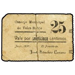 25 Céntimos. - Junio 1937. - C.M. de VÉLEZ-RUBIO (Almería). - Cartulina. (Roturas y adhesivo). Mont-