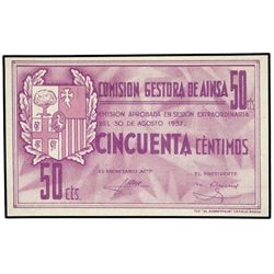 Lote 2 billetes 25 y 50 Céntimos. - 30 Agosto 1937. - COMISIÓN GESTORA de AINSA (Huesca). - Mont-31A