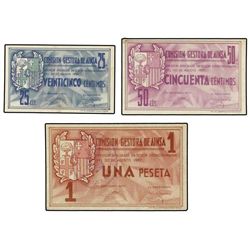 Lote 3 billetes 25 y 50 Céntimos y 1 Peseta. - COMISIÓN GESTORA de AINSA (Huesca). - Mont. 31A/C. MB