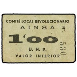 1 Peseta. - AINSA. COMITÉ LOCAL REVOLUCIONARIO (Huesca). - Cartón. RARO. Mont. no reseñado. EBC+. -