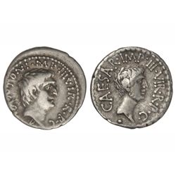 Denario. - 39 a.C. - MARCO ANTONIO Y OCTAVIO. - Anv.: Cabeza de Marco Antonio a derecha, debajo estr