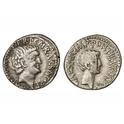 Denario. - Acuñada el 41 a.C. - MARCO ANTONIO y AUGUSTO. - Anv.: M. ANT. IMP. AVG. III VIR. R. P. C.