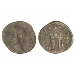 Quinario. - 27 a.C. - AUGUSTO. - EMERITA AUGUSTA. Mérida. - Anv.: AVGVST. Cabeza de Augusto a izquie