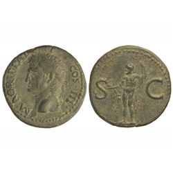 As. - Acuñada el 23-32 d.C. - AGRIPA. - Restitución de Tiberio. - Anv.: M. AGRIPPA L. F. COS. III. C