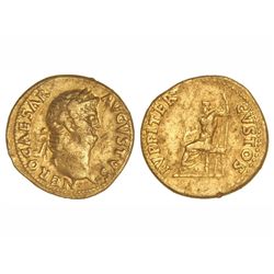 Áureo -. Acuñada el 65-68 d.C. - NERÓN -. Anv.: NERO CAESAR AVGVSTVS. Cabeza laureada de Nerón a der