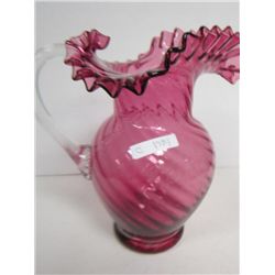 Cranberry glass ruffled top pitcher