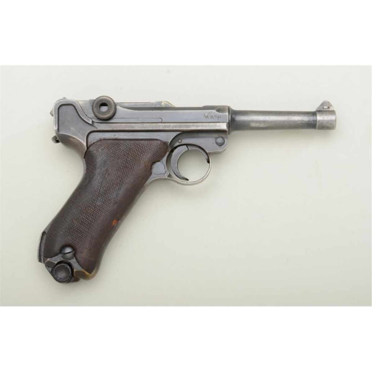 German Luger semi-auto pistol, 9mm cal., 4” barrel, blue finish ...