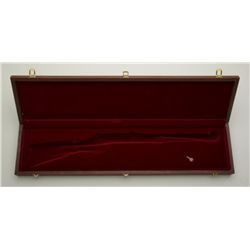 Wooden display case for a lever action  carbine with padded maroon velour lining  showing excellent 