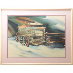 Framed and matted watercolor of an old  buckboard wagon by Nicholson approx. 28” x  36” overall and 