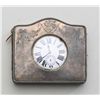 Image 1 : Traveling clock or oversized pocket watch in  traveling case with leather and engraved  silver front