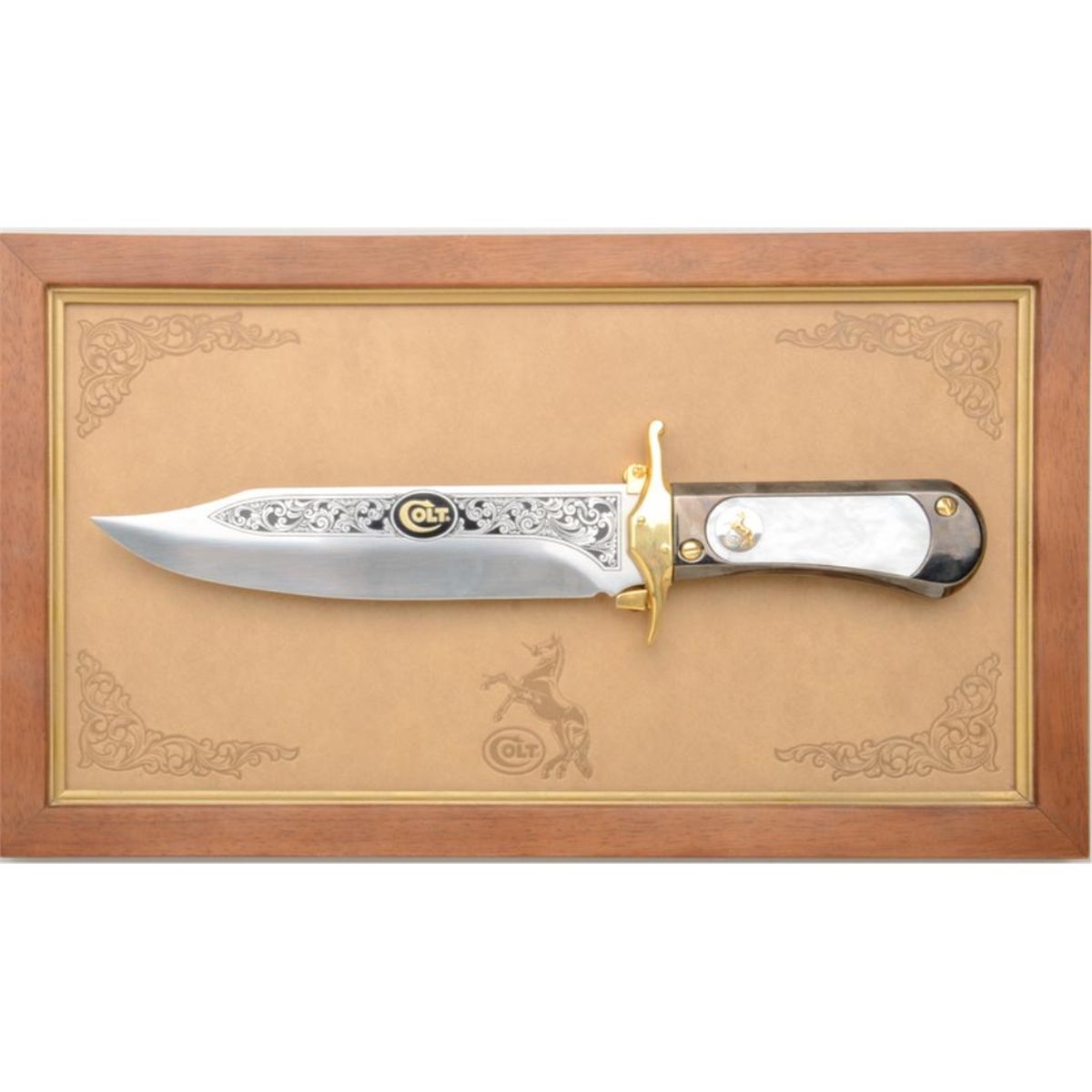 Franklin Mint Colt Bowie Knife Commemorative mounted on display wall