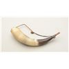 Image 1 : Later large powder horn approx. 13” overall  with a wood plug and leather thong for  hanging.  Est.: