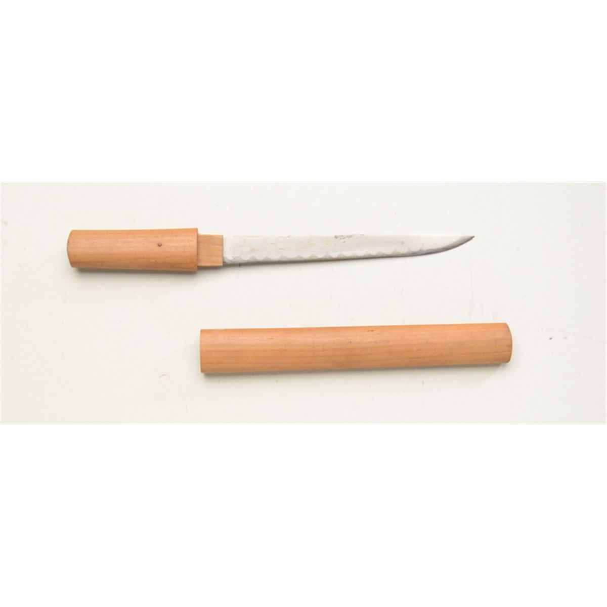 Japanese knife blade in traditional wood storage case approx. 12” overall and in very good conditi