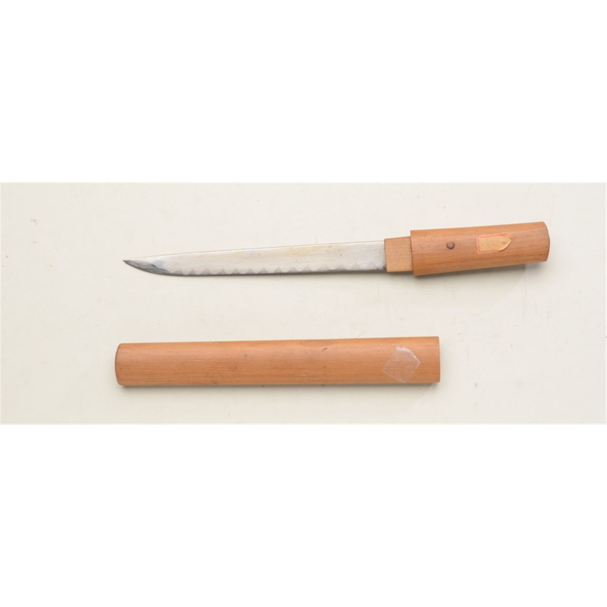 Japanese knife blade in traditional wood storage case approx. 12” overall and in very good conditi